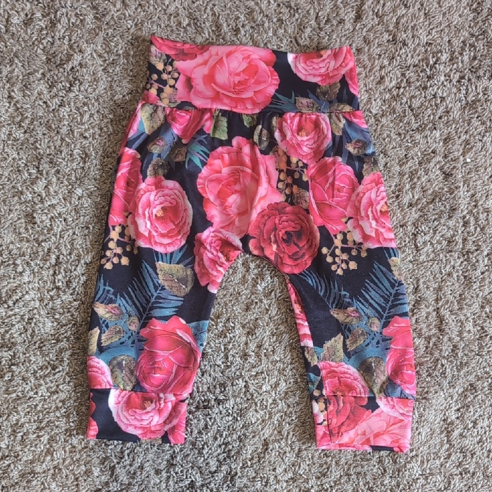 Pink and Black Floral Leggings with Stretchy Knit Fabric